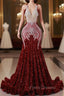 Burgundy Mermaid Sequins Backless Formal Prom Dress