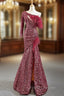 Burgundy Mermaid Sequins One Shoulder Long Sleeve Formal Prom Dress