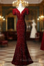 Burgundy Mermaid Sequins Puff Sleeve Formal Prom Dress