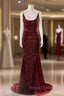 Burgundy Mermaid Sequins Spaghetti Straps Formal Prom Dress