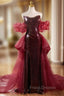 Burgundy Mermaid Sequins Strapless Formal Prom Dress With Train