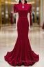 Burgundy Mermaid Short Sleeve High Neck Formal Prom Dress