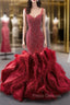 Burgundy Mermaid Straps Beading Feather Formal Prom Dress