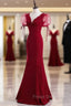 Burgundy Mermaid V-neck Puff Sleeve Formal Prom Dress