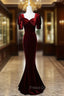 Burgundy Mermaid Velvet Short Sleeve Bow Formal Prom Dress