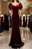 Burgundy Mermaid Velvet Short Sleeve Formal Prom Dress
