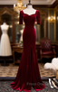 Burgundy Mermaid Velvet Short Sleeve Formal Prom Dresss