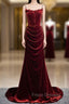 Burgundy Mermaid Velvet Spaghetti Straps Flower Formal Prom Dress