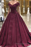 Burgundy off shoulder satin lace long Formal Prom Dresses, burgundy evening Dresses