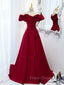 Burgundy Off Shoulder Satin Long Formal Prom Dress, Burgundy Formal Evening Dress