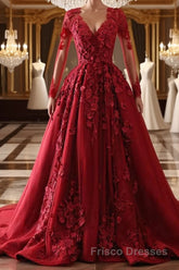 Burgundy round neck lace long Formal Prom Dresses burgundy evening Dresses
