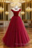 Burgundy Round Neck Tulle Lace Long Formal Prom Dress, Burgundy Evening Dress
