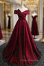 Burgundy Satin Black Tulle Off the Shoulder Pleats Formal Prom Dress