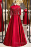 Burgundy Satin High Neck Short Sleeve Appliques Formal Prom Dress