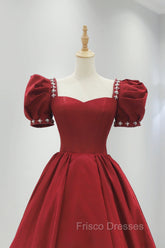 Burgundy Satin Long Formal Prom Dress, A-Line Short Sleeve Evening Dress