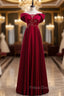 Burgundy Satin Off the Shoulder Appliques Beading Formal Prom Dress