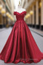 Burgundy Satin Off the Shoulder Appliques Formal Prom Dress