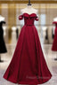 Burgundy Satin Off the Shoulder Beading Formal Prom Dress