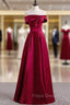 Burgundy Satin Off the Shoulder Pearls Formal Prom Dress