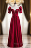 Burgundy Satin Short Sleeve Pearls Formal Prom Dress