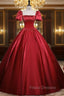 Burgundy Satin Short Sleeve Pleats Formal Prom Dress