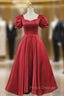 Burgundy Satin Short Sleeve Formal Prom Dress