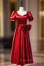 Burgundy Satin Square Puff Sleeve Pearls Bow Formal Prom Dress