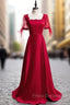 Burgundy Satin Square Short Sleeve Beading Formal Prom Dress