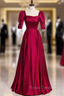 Burgundy Satin Square Short Sleeve Pearls Formal Prom Dress