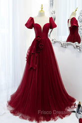 Burgundy Satin Tulle Long Formal Prom Dress, A-Line Short Sleeve Evening Party Dress