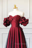 Burgundy Satin Tulle Long Formal Prom Dress, Off Shoulder Evening Party Dress