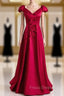 Burgundy Satin V-neck Cap Sleeve Bow Formal Prom Dress