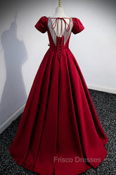 Burgundy Scoop Neckline Satin Long Formal Prom Dress, Short Sleeve Evening Dress