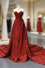 Burgundy Sequins Sweetheart Pleats Formal Prom Dress With Long Train