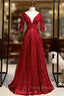 Burgundy Sequins V-neck Short Sleeve Appliques Formal Prom Dress