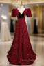 Burgundy Sequins V-neck Short Sleeve Formal Prom Dress