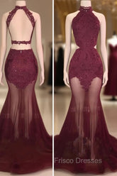 Burgundy Sheer-Tulle Lace-Appliques High-Neck Mermaid Formal Prom Dress
