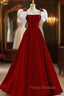 Burgundy Square Puff Sleeve Bow Formal Prom Dress