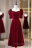 Burgundy Square Short Sleeve Tea Length Formal Prom Dress