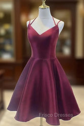 Burgundy Straps V-neckline Short Party Dress , Lovely Satin Homecoming Dress