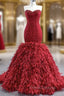 Burgundy Sweetheart Beading Tulle Formal Prom Dress With Detachable Feather train