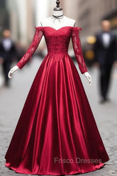 Burgundy Sweetheart Lace Satin Long Formal Prom Dress Burgundy Evening Dress