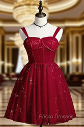 Burgundy Sweetheart Neck Tulle Sequin Short Formal Prom Dress, Puffy Cute Homecoming Dress