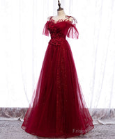 Burgundy Sweetheart Tulle Lace Long Prom Dress Burgundy Formal Dress