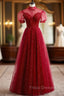 Burgundy Tulle High Neck Short Sleeve Beading Sequins Formal Prom Dress