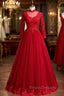 Burgundy Tulle Lace High Neck Long Sleeve Backless Formal Prom Dress