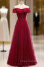 Burgundy Tulle Lace Off the Shoulder Formal Prom Dress With Button