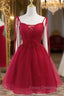 Burgundy Tulle Lace Short Formal Prom Dress, Burgundy Homecoming Dress