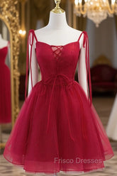 Burgundy Tulle Lace Short Formal Prom Dress, Burgundy Homecoming Dress
