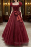 Burgundy Tulle Long A-Line Formal Prom Dress, Lovely Evening Graduation Dress